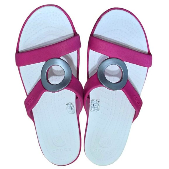 Crocs Sanrah Circle Slide Sandals Pink White Slip-On Pool Beachwear Womens 9 - Picture 3 of 10